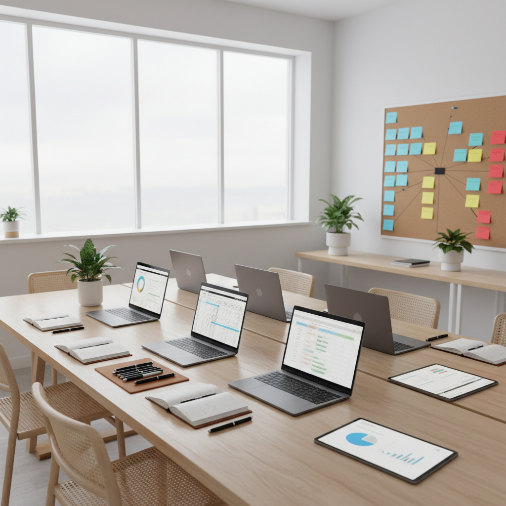 A bright, organized co-working style workspace featuring a long, light wood table covered with open laptops displaying spreadsheets, social media calendars, and task management boards. Neatly arranged notebooks, pens aligned on a leather pad, and a few tablets showing analytics graphs emphasize structure and clarity. In the background, large windows reveal soft overcast daylight flooding the room, giving everything a balanced, neutral tone. Clean white walls and a pinboard with color-coded index cards enhance the sense of control and planning. Photographic realism from a wide-angle, slightly elevated perspective, sharp focus throughout, creating an atmosphere of collaboration, efficiency, and calm productivity tailored to supporting small business operations.